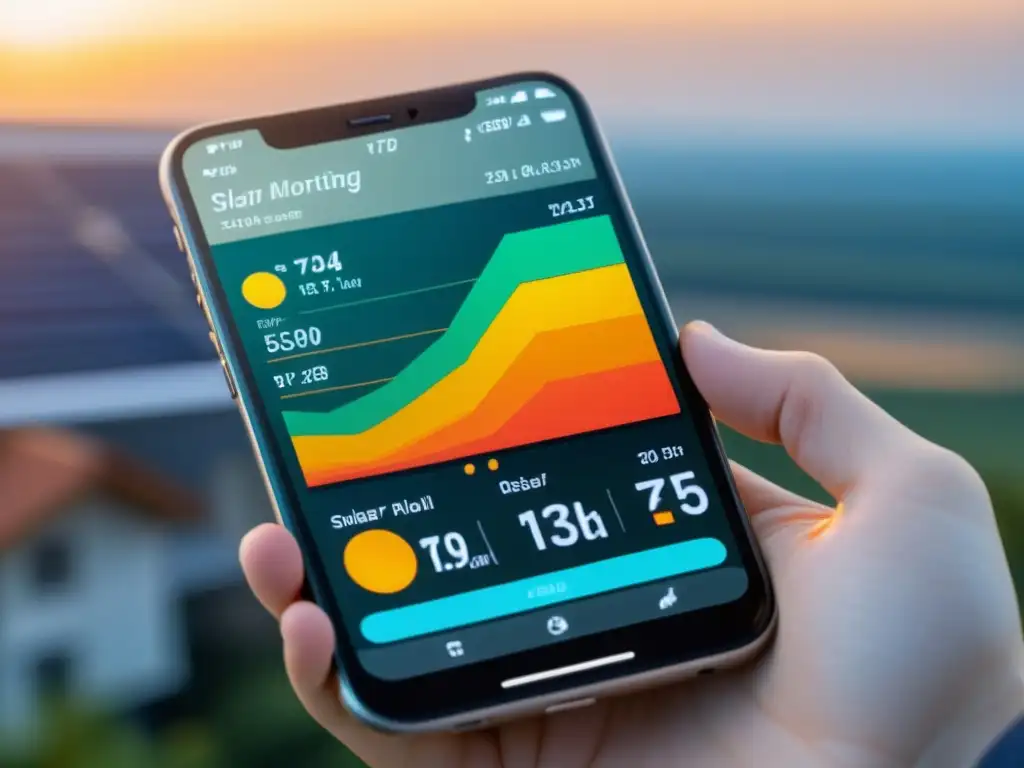 Interfaz de app de monitorización solar para hogar sostenible con gráficos coloridos y diseño intuitivo, integrando tecnología solar en la vida diaria