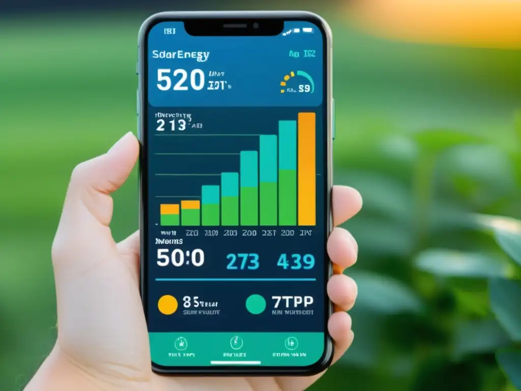 Interfaz de app de monitorización solar para hogar sostenible con datos en tiempo real y diseño moderno en tonos verdes y azules