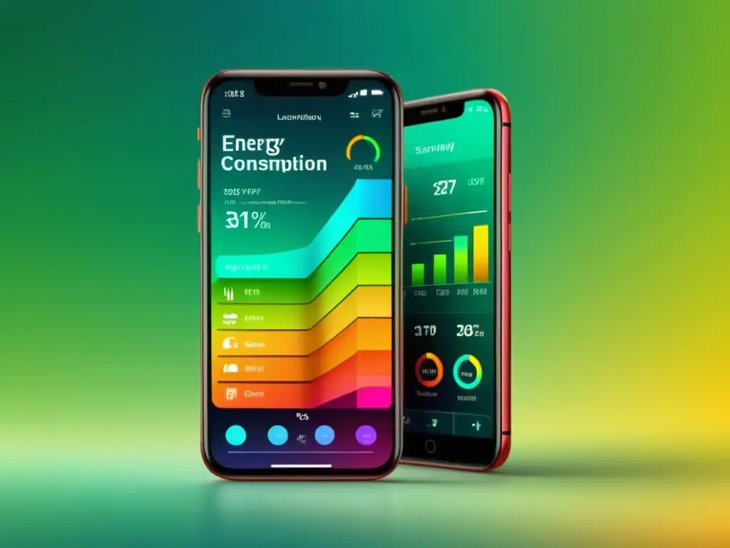 Interfaz de aplicación de control de consumo de energía en smartphone, con gráficos detallados y diseño atractivo