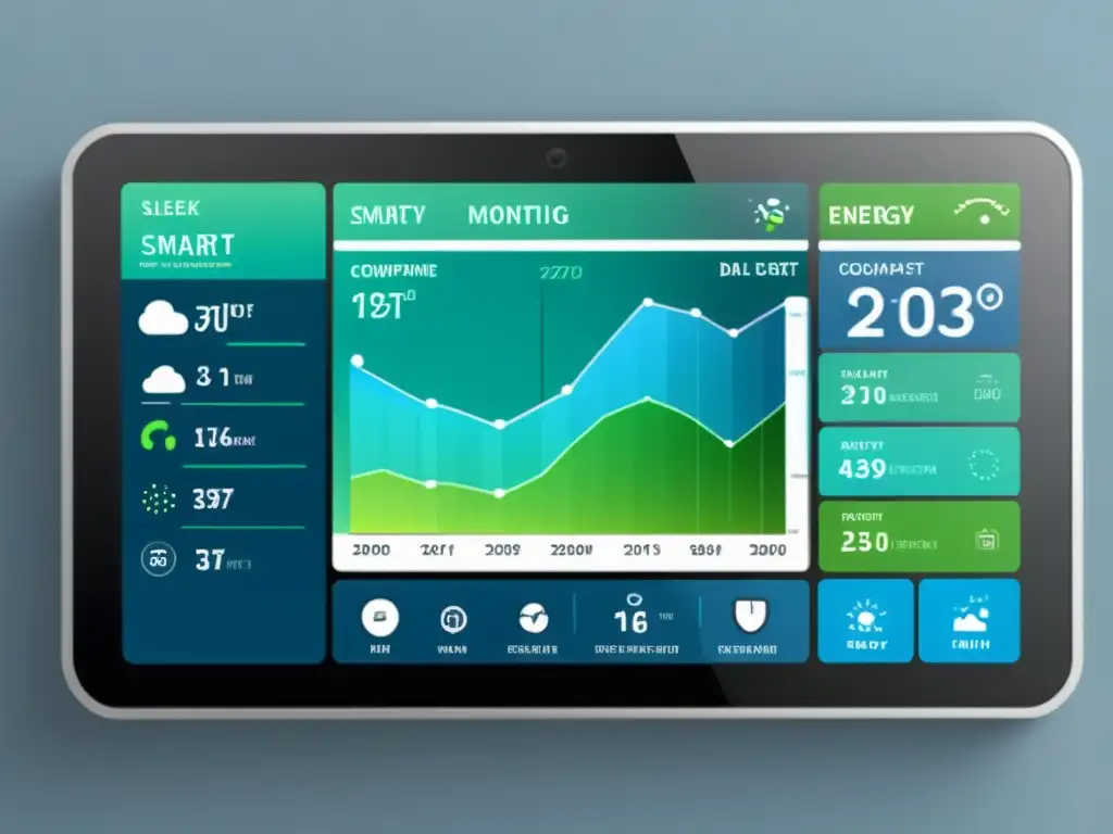 Interfaz futurista de monitoreo en tiempo real para eficiencia energética, con diseño moderno y tonos de azul y verde