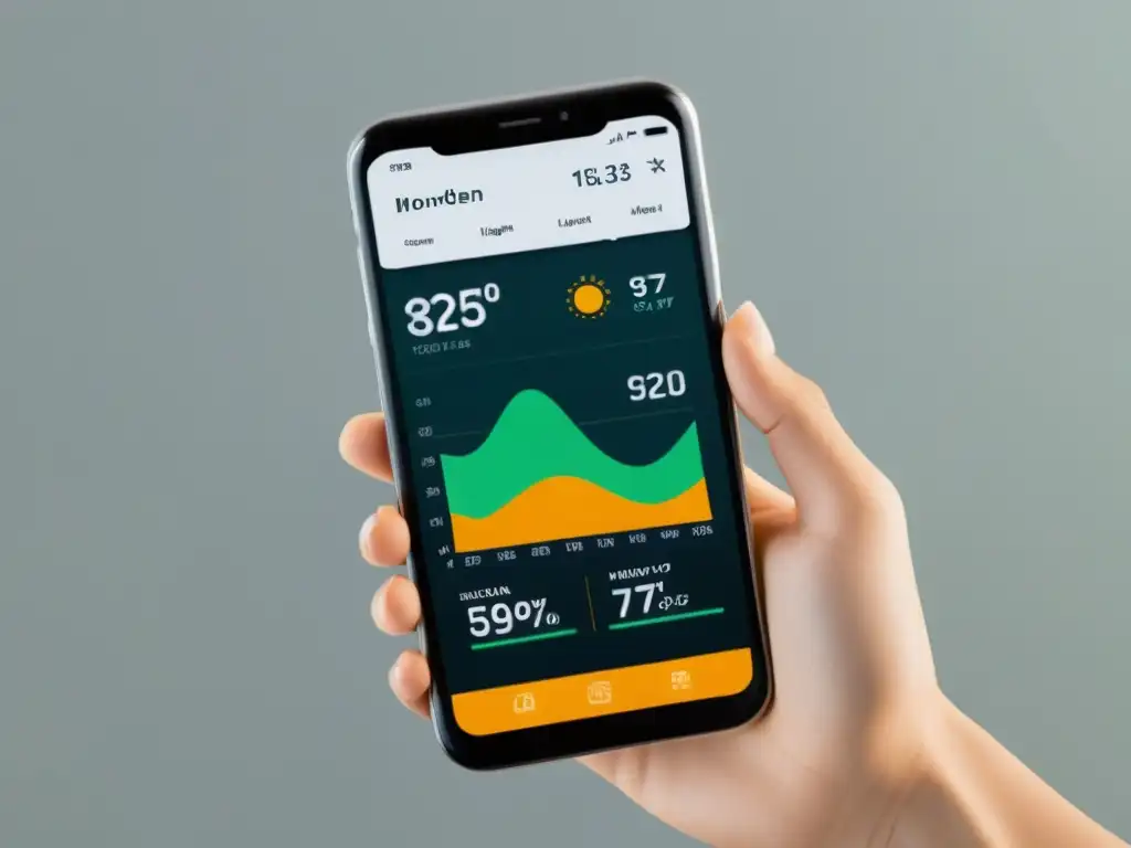 Interfaz moderna de app de control de consumo energético en smartphone, con gráficos detallados y diseño minimalista