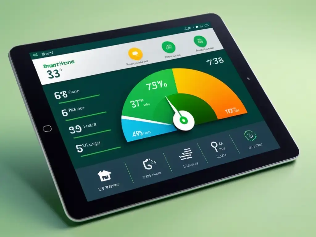 Interfaz moderna de gestión de energía en hogar en tablet, con control de almacenamiento de energía y diseño minimalista