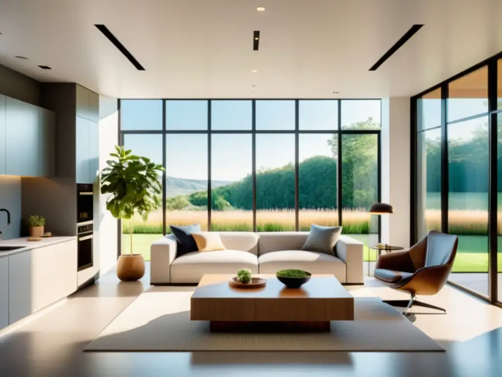 Interior de casa moderna y sostenible con eficiencia energética en hogares sostenibles, diseño minimalista, tecnología inteligente y luz natural