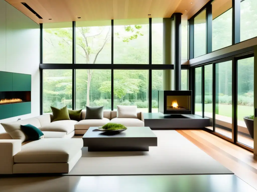 Interior de casa moderna con domótica verde para hogar sostenible, minimalismo y armonía en tonos terrosos y verdes