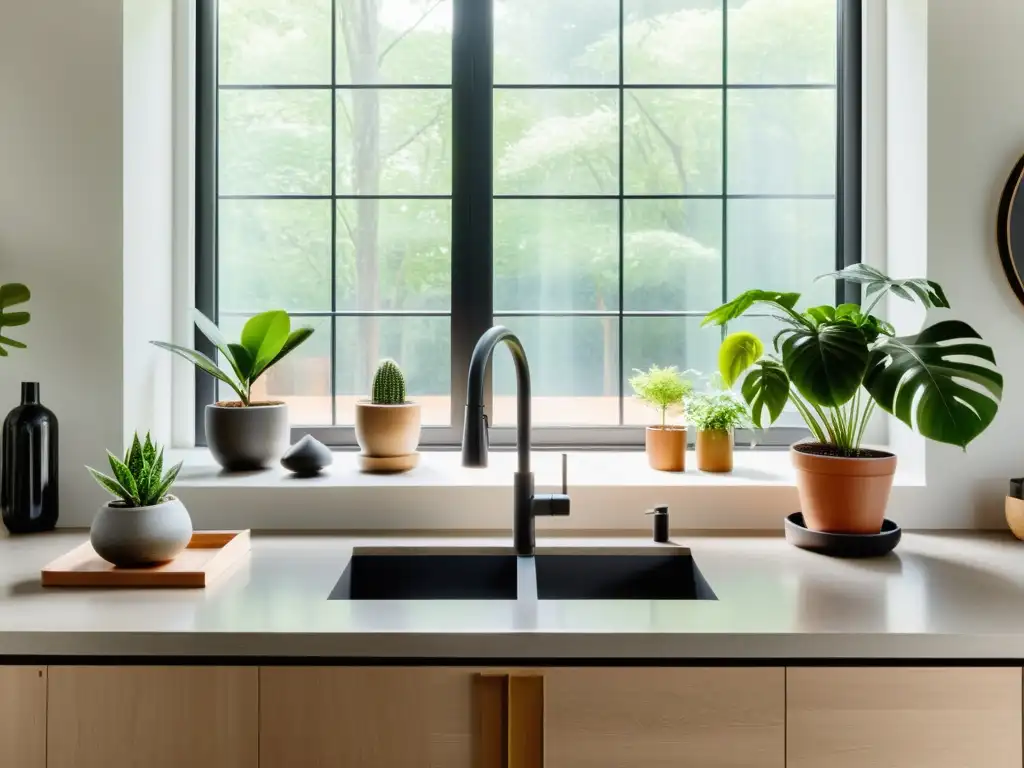 Interior ecológico con luz natural, plantas y productos de limpieza sostenibles