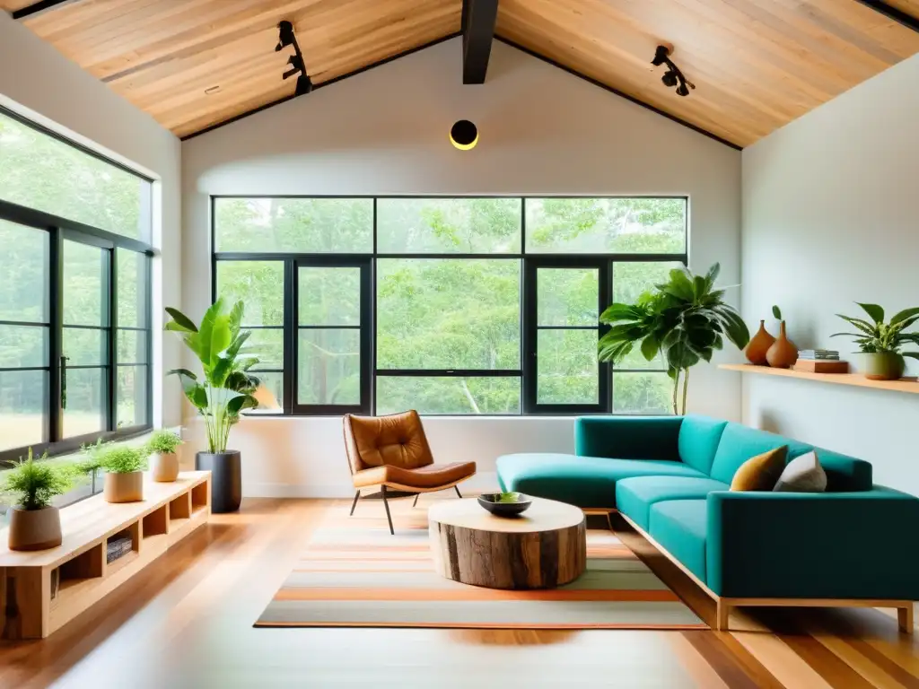 Diseño interior ecológico y moderno: armonía con la naturaleza Interior ecológico con materiales construcción ecológicos sostenibles, iluminación LED y muebles reciclados