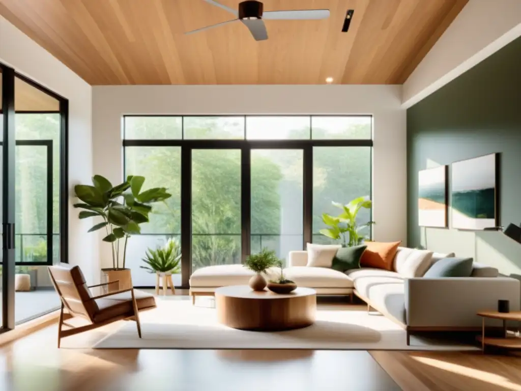 Interior hogar moderno con electrificación sostenible, muebles minimalistas y toques de naturaleza