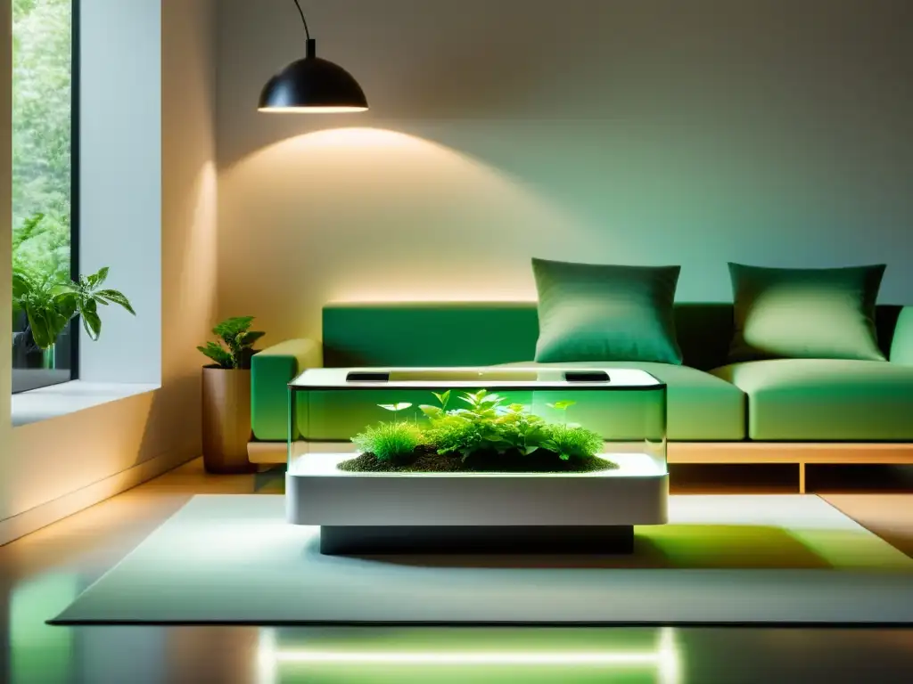 Interior minimalista con bioreactor de plantas y almacenamiento energía verde hogar, elegante y futurista