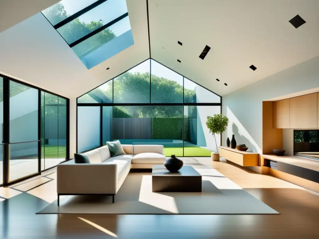 Interior moderno con eficiente uso de luz natural a través de ventanas y tragaluz para luz natural, creando una atmósfera serena y acogedora