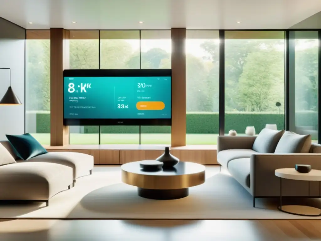 Interior moderno con herramientas monitorización consumo eléctrico hogar integradas, decoración minimalista, colores neutros y luz natural