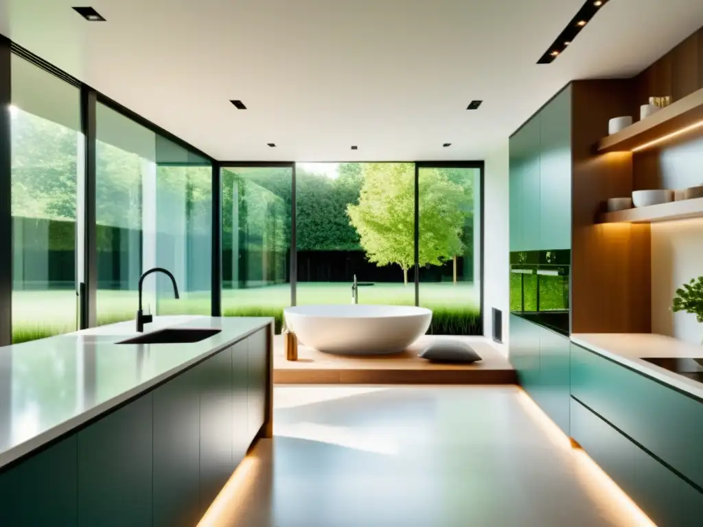 Interior moderno de hogar sostenible con domótica verde, iluminación eficiente y materiales sostenibles, armonía entre tecnología y naturaleza
