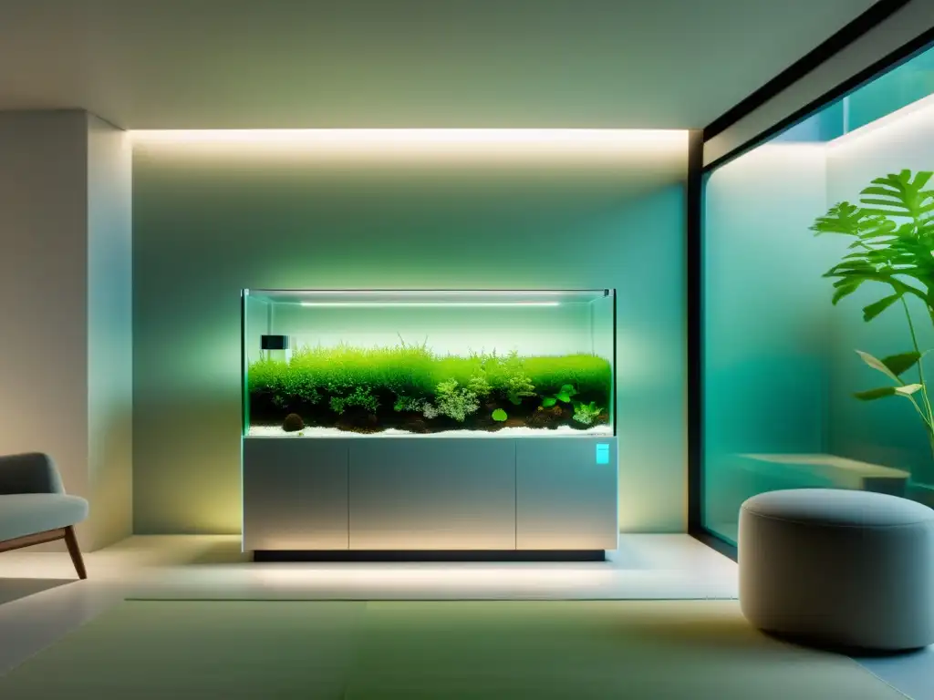 Interior moderno y sereno con bioreactor de algas integrado, iluminado en ambiente sostenible