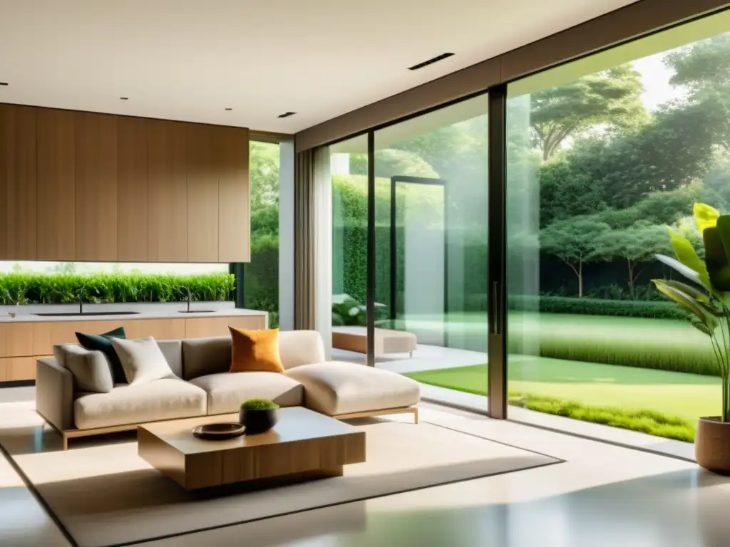 Interior moderno con domótica verde para hogar sostenible, grandes ventanas y jardín exuberante