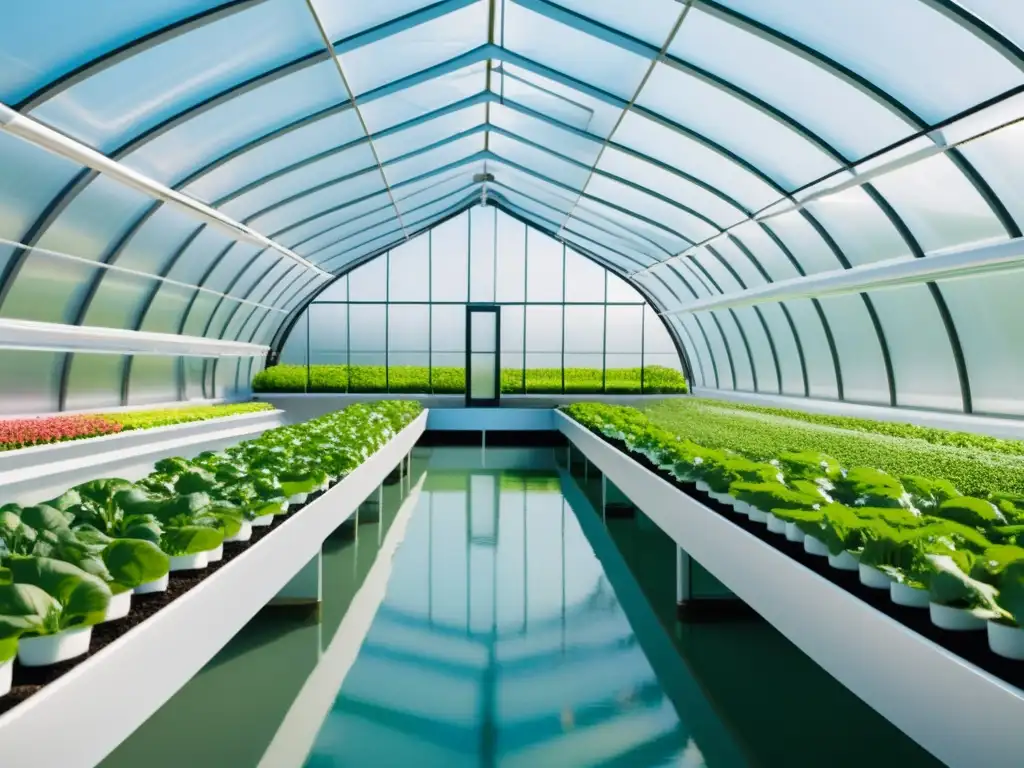 Un invernadero futurista con plantas vibrantes en solución nutritiva y peces nadando