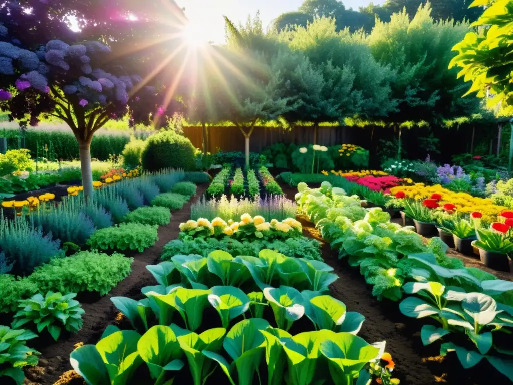 Un jardín biodinámico exuberante y colorido con prácticas de agricultura biodinámica sostenible, donde flores, vegetales y frutas crecen en armonía