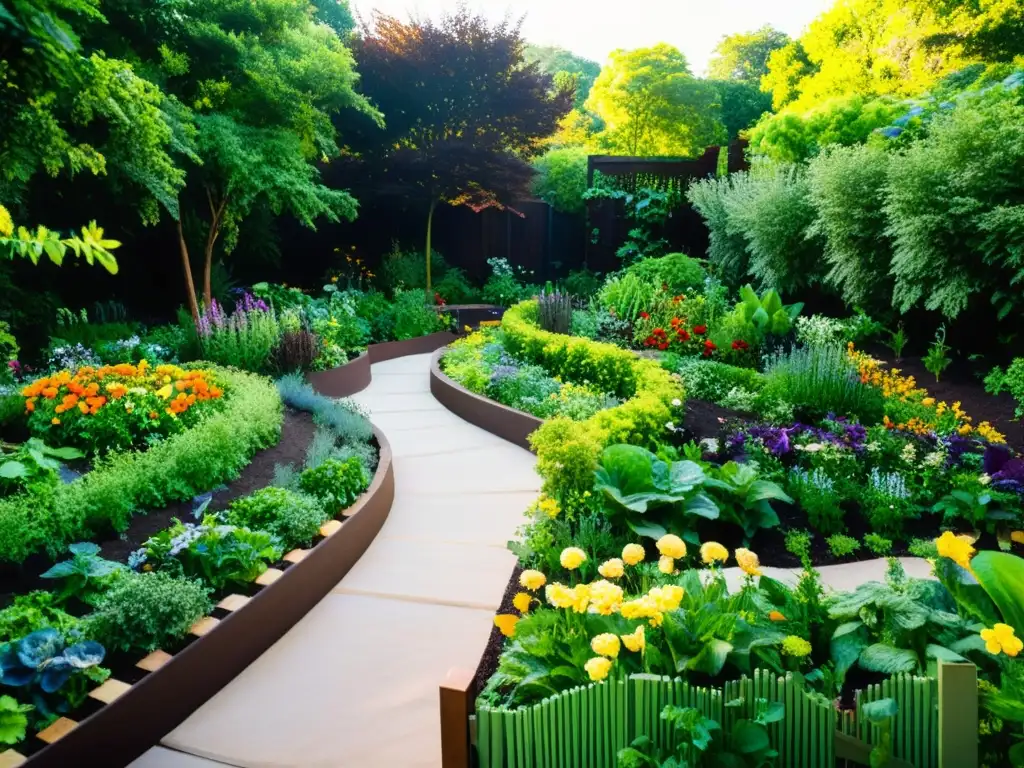 Un jardín exuberante y armonioso, con caminos serpenteantes y camas elevadas ordenadas