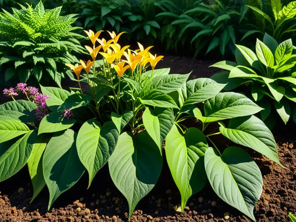 Un jardín exuberante y armonioso con plantas nativas en detalle