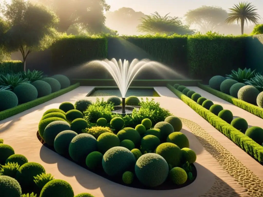 Jardín sostenible: belleza en armonía natural Un jardín exuberante bañado por la suave luz dorada, con sistemas de captación de niebla para riego sostenible