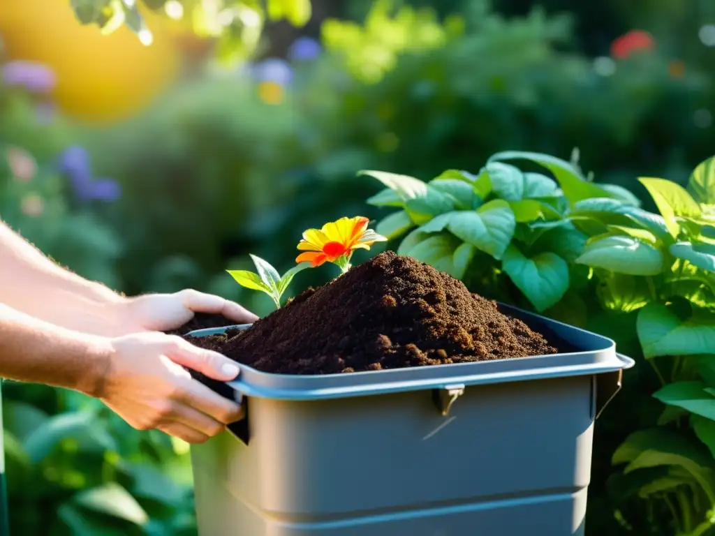 Un jardín exuberante y colorido con un compostador integrado sutilmente en el fondo