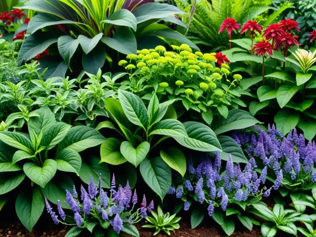 Un jardín exuberante y colorido con plantas nativas y flores vibrantes