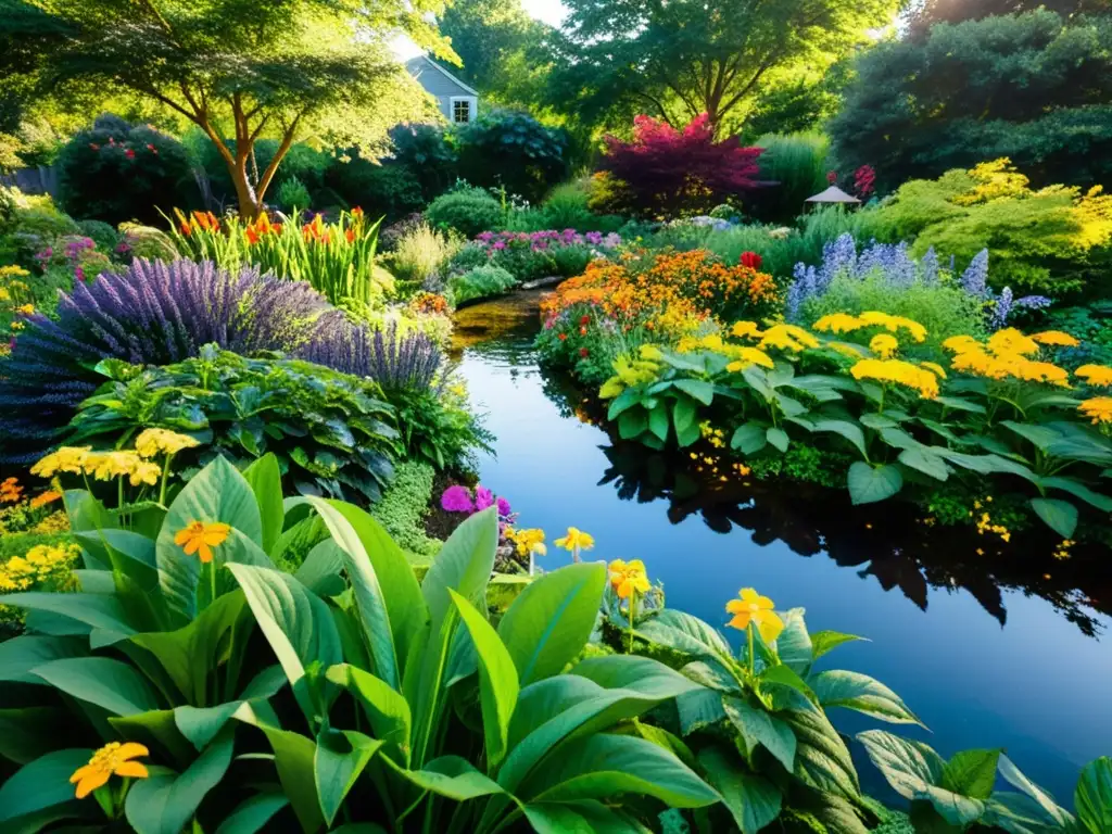 Un jardín exuberante y diverso, con flores vibrantes, abejas y mariposas, bañado por la luz del sol