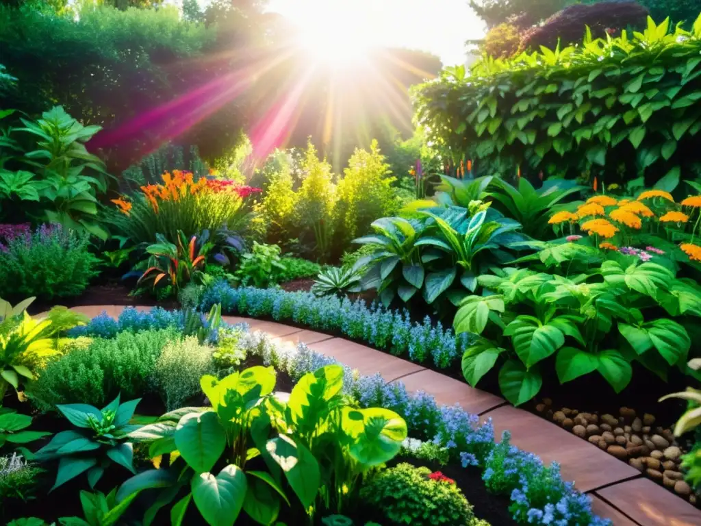 Un jardín exuberante y diverso, iluminado por el sol, con un sistema de riego sostenible