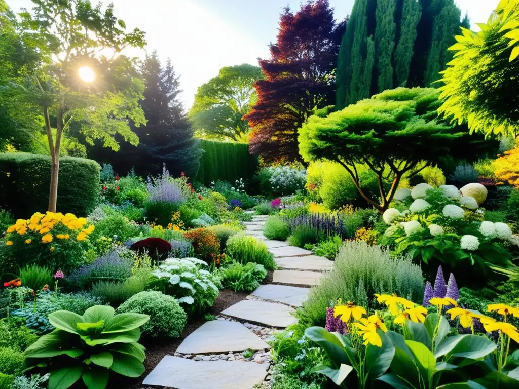 Jardín biodiverso con vida y sostenibilidad Un jardín exuberante y diverso, con plantas nativas, huertos y senderos de piedra