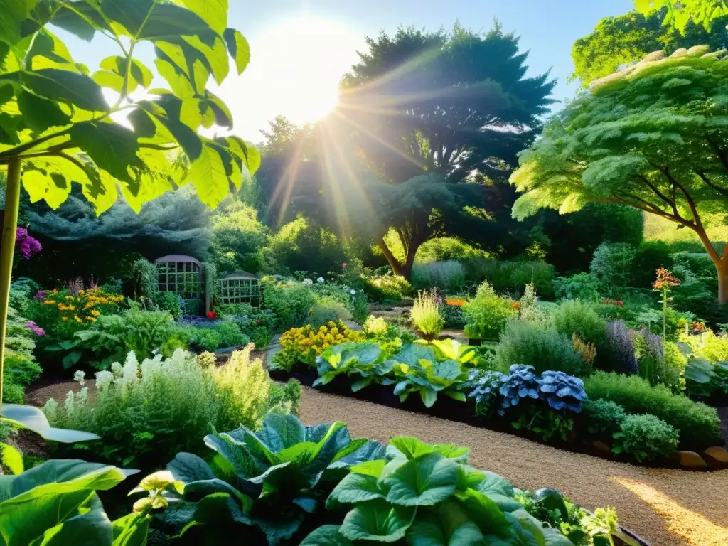 Un jardín exuberante y diverso, con vegetales, frutas y flores en armonía