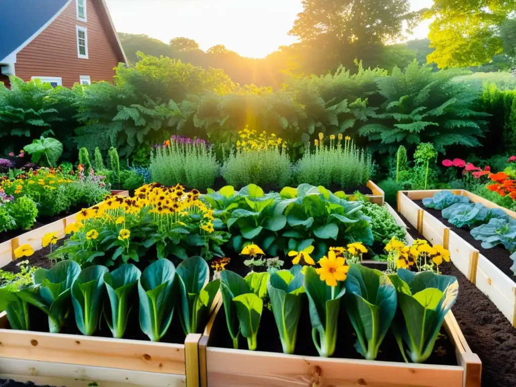 Un jardín exuberante y próspero con bancales elevados rebosantes de vegetales verdes, flores coloridas y hierbas