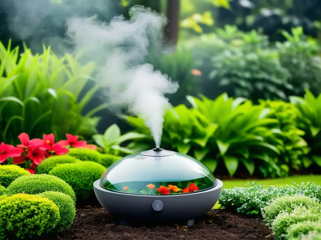 Jardín sostenible: captura de niebla innovadora en un oasis verde Un jardín exuberante y sereno con un elegante colector de niebla para riego sostenible, capturando la esencia de la innovación ecofriendly