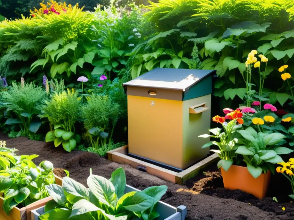 Un jardín exuberante y sostenible con compostaje casero para un jardín sostenible, rodeado de plantas vibrantes y flores coloridas bajo la cálida luz del sol