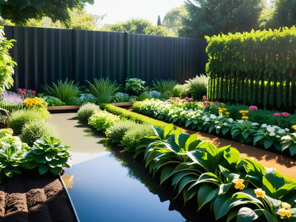 Un jardín exuberante y sostenible con sistemas de riego ecológico, bañado por la luz solar