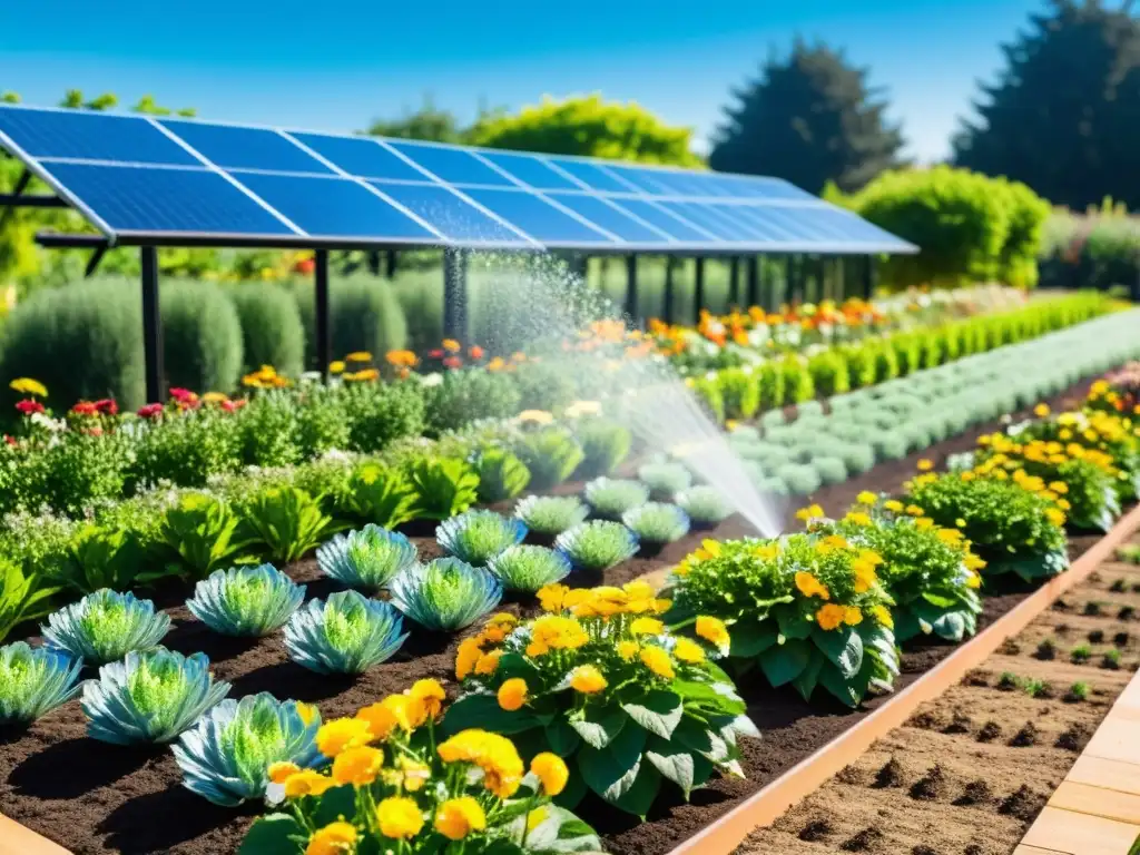 Un jardín exuberante y sostenible con sistemas de riego solar, bañado por la luz dorada del sol