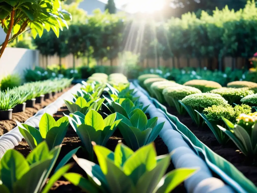 Un jardín exuberante y verde, con plantas y flores ordenadas y regadas por un sistema de riego por goteo moderno y eficiente