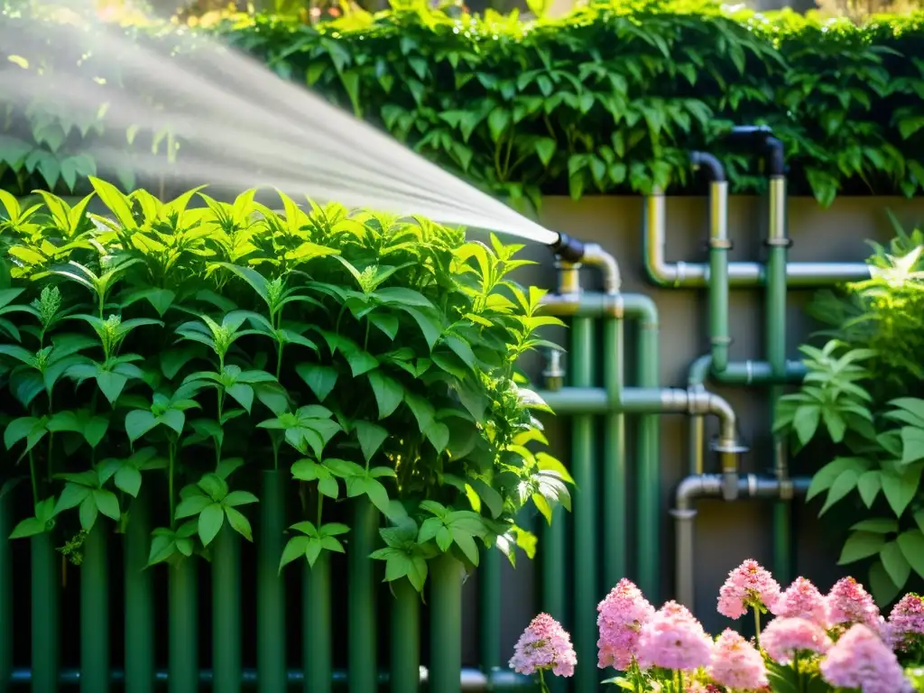 Un jardín exuberante y verde es regado por un sistema de aguas grises, creando una atmósfera serena y sostenible