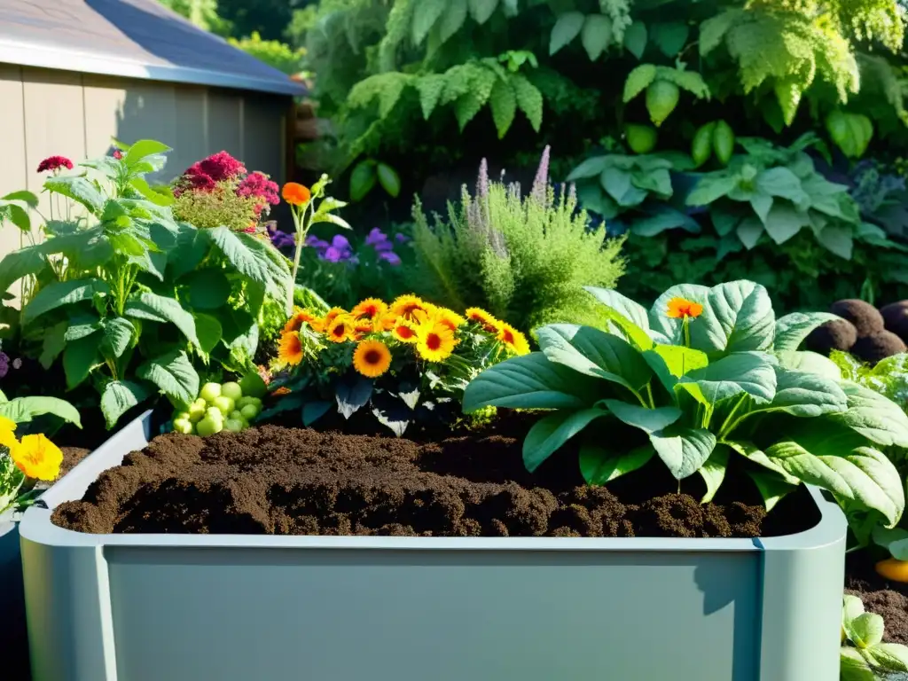 Un jardín exuberante y vibrante, alimentado por compostaje doméstico para un hogar sostenible