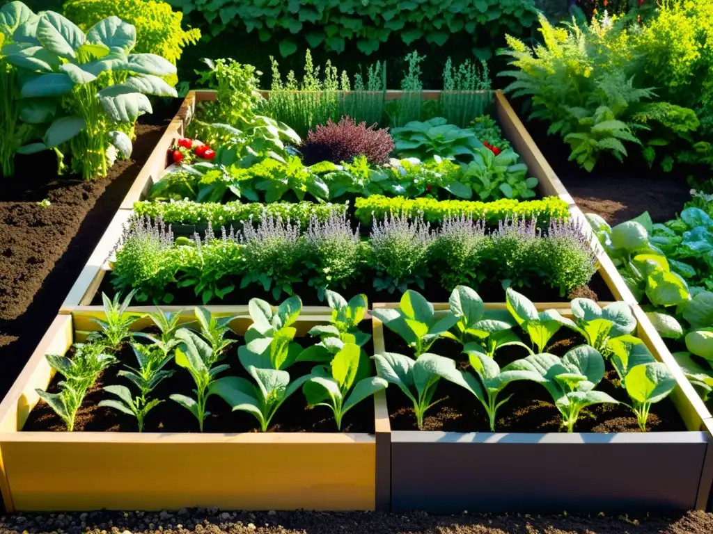 Un jardín exuberante y vibrante con bancales elevados organizados en un patrón geométrico, rebosantes de vegetales y hierbas coloridas y saludables