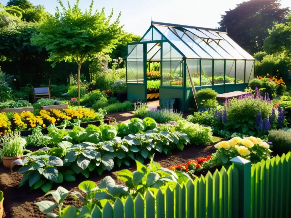 Un jardín exuberante y vibrante con camas elevadas ordenadas, repletas de frutas y verduras