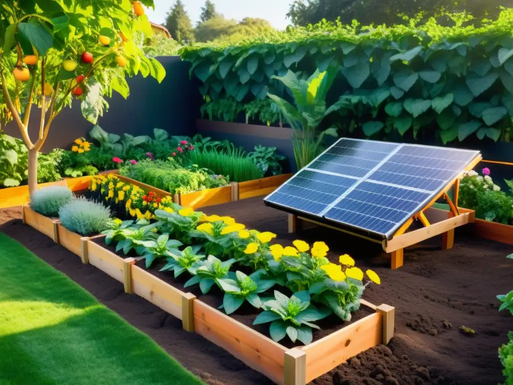 Un jardín exuberante y vibrante con camas elevadas llenas de frutas, verduras y flores coloridas