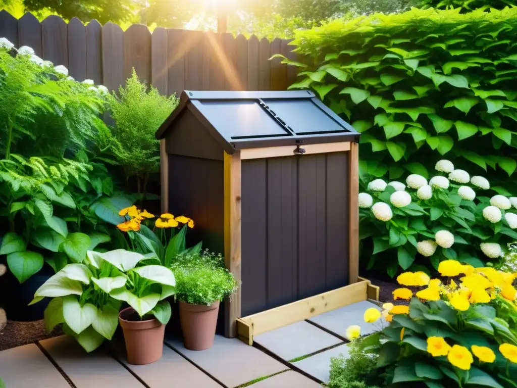 Un jardín exuberante y vibrante con un compostador en la esquina, rodeado de flores y plantas verdes prósperas