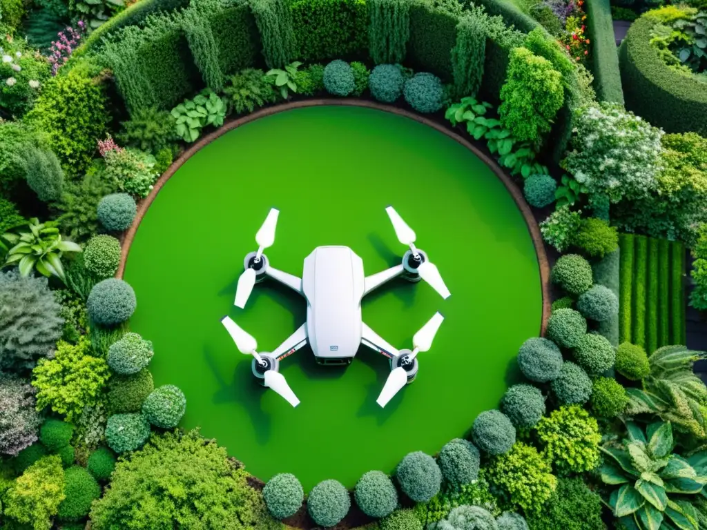 Un jardín exuberante y vibrante, cuidado con precisión por sensores y drones para jardinería ecológica