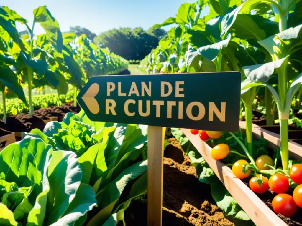 Un jardín exuberante y vibrante con cultivos organizados, bañado por la luz del sol