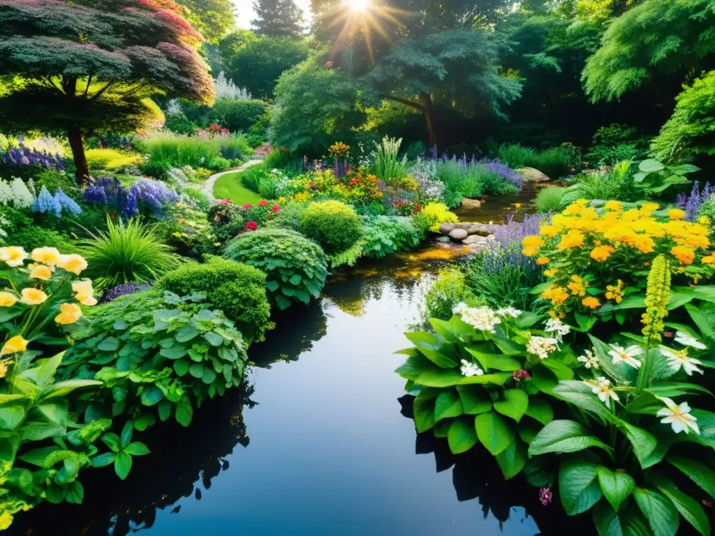 Un jardín exuberante y vibrante con flores coloridas y follaje exuberante, donde un arroyo fluye suavemente