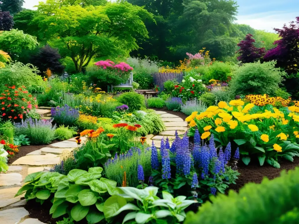 Un jardín exuberante y vibrante con flores, hierbas y vegetales coloridos