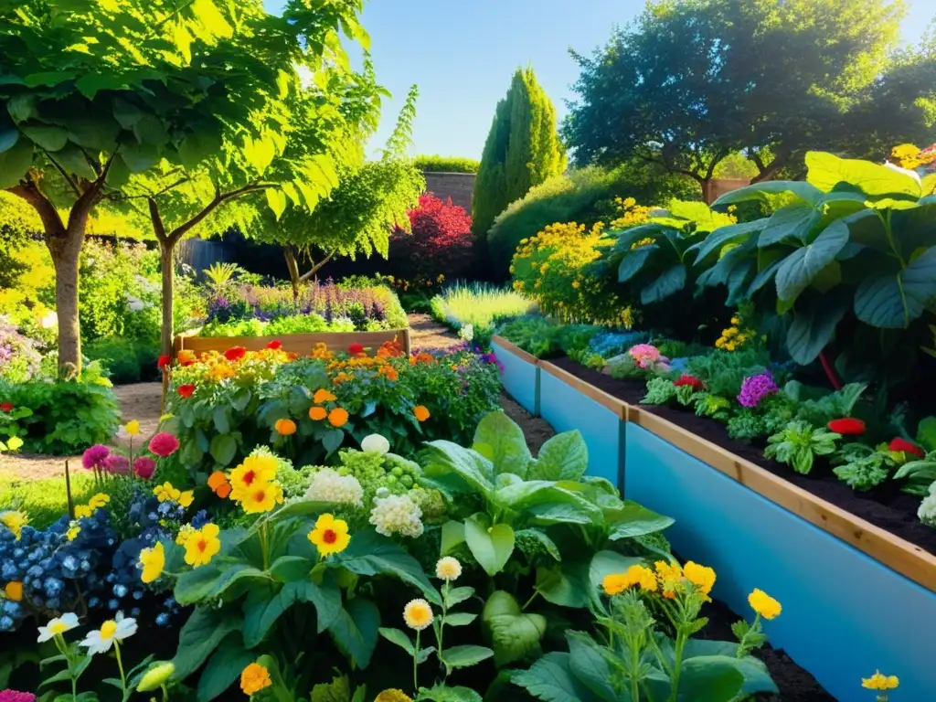 Un jardín exuberante y vibrante con flores, frutas y verduras, bañado por la luz del sol