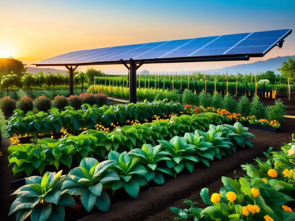 Un jardín exuberante y vibrante, con frutas, verduras y flores, regado por un sistema de riego solar sostenible