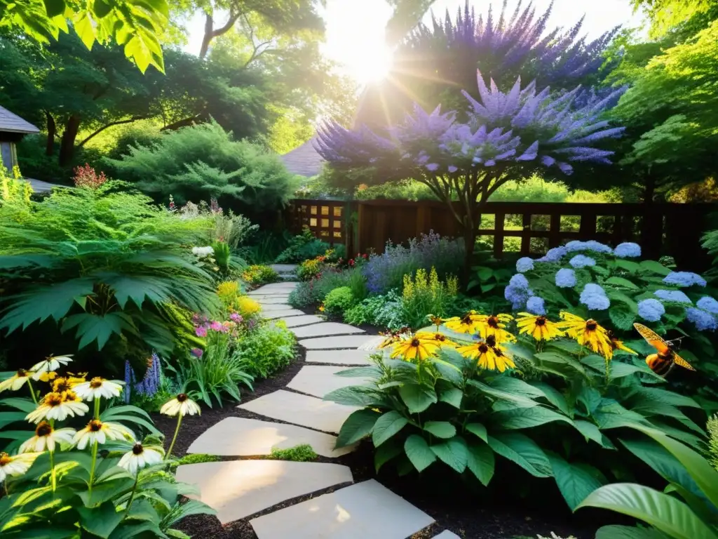 Jardín nativo vibrante y armonioso: un ecosistema sostenible Un jardín exuberante y vibrante, lleno de plantas nativas, flores y polinizadores