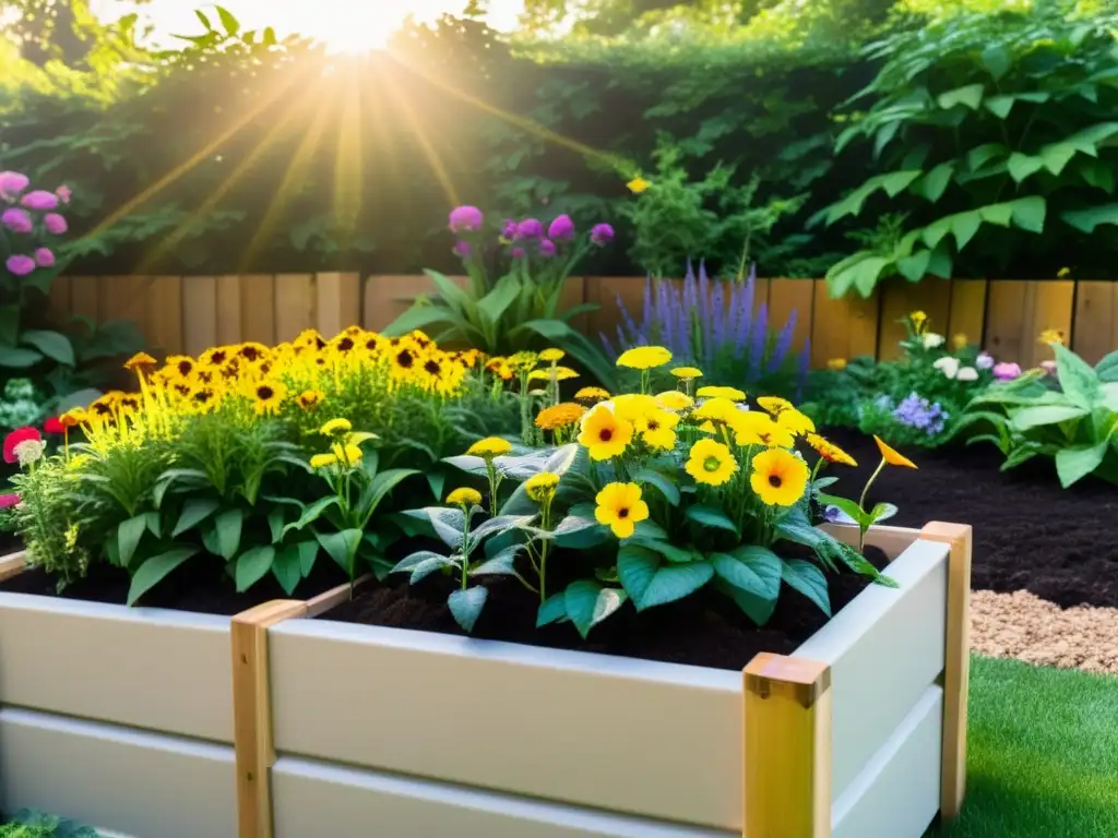 Un jardín exuberante y vibrante, lleno de flores coloridas y vegetación próspera, rodeado de composteras y bolsas de fertilizante natural