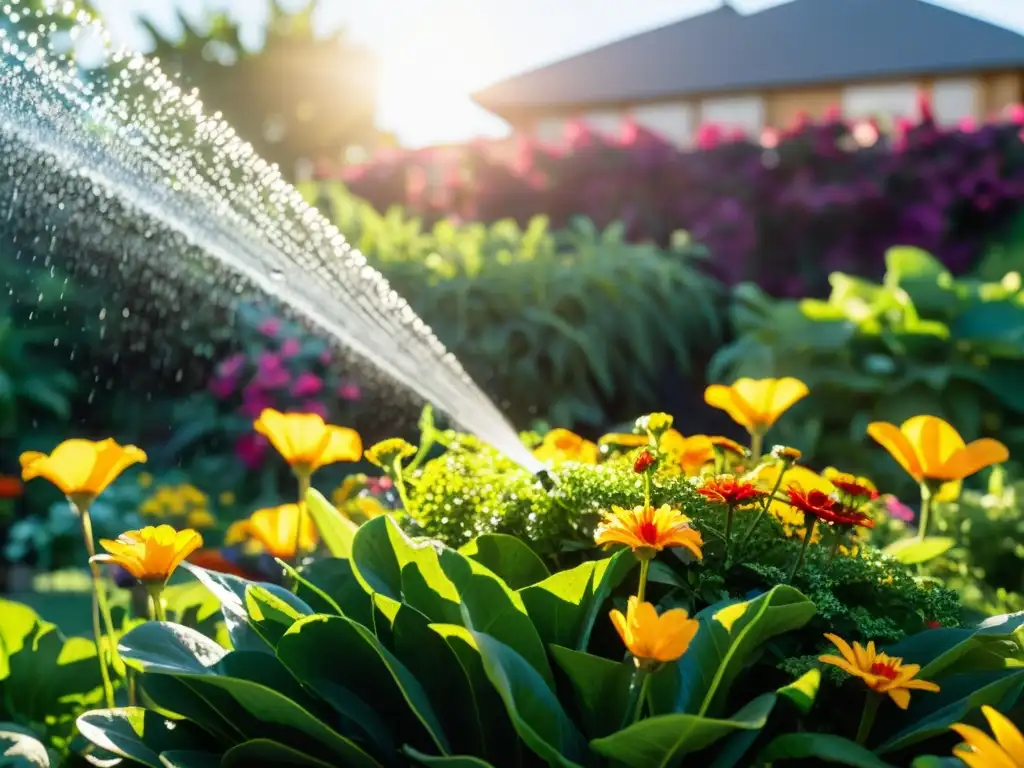 Un jardín exuberante y vibrante, regado por un sistema de riego por goteo conectado a un sistema de reutilización de aguas grises