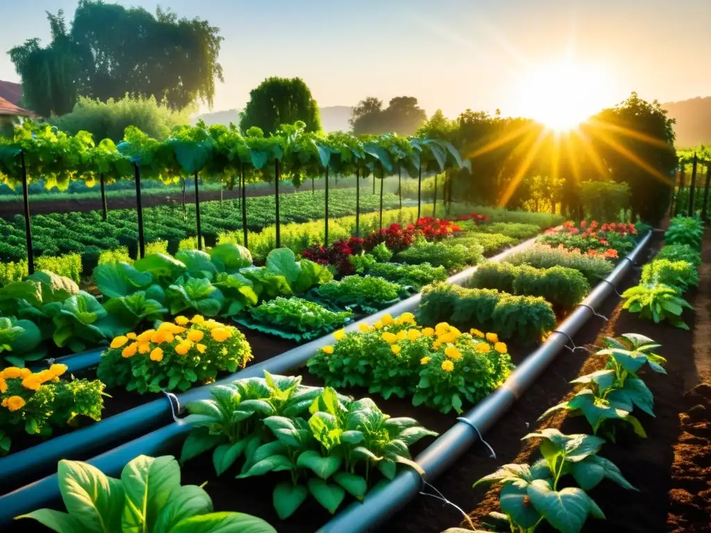 Un jardín exuberante y vibrante, con técnicas de riego eficiente que sustentan un oasis de abundancia y sostenibilidad